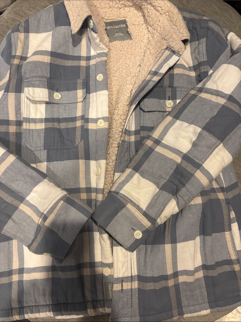 Hollister Blue & Cream Sherpa-Lined Plaid Shirt Jacket